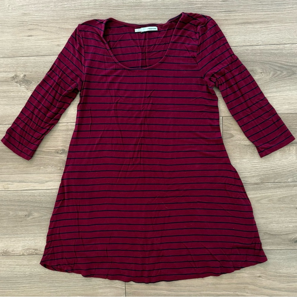 Long Sleeve Striped Burgundy and Navy Dress with Pockets